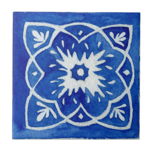 Blaue und weiße mediterrane bemalte Wasserfarbe Fliese
