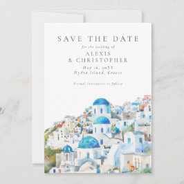 Blaue und weiße mediterrane Landschaft Hochzeit Save The Date