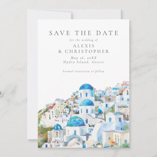 Blaue und weiße mediterrane Landschaft Hochzeit Save The Date (Vorderseite)