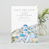 Blaue und weiße mediterrane Landschaft Hochzeit Save The Date (Stehend Vorderseite)