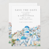 Blaue und weiße mediterrane Landschaft Hochzeit Save The Date (Vorne/Hinten)