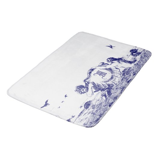 Blaue und weiße Mermaids mit Seehölle Monogramm Badematte (Schrägansicht)