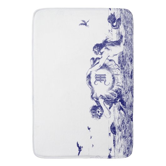 Blaue und weiße Mermaids mit Seehölle Monogramm Badematte (Vorderseite Vertikal)