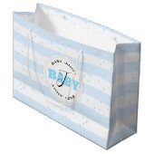 Blaue und weiße Mit Monogramm Babystreifen Große Geschenktüte (Vorderseite Schrägansicht)