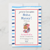 Blaue und weiße, moderne Streifen Nautic 5. Geburt Einladung (Vorderseite)