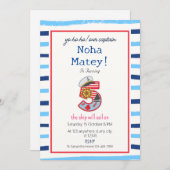 Blaue und weiße, moderne Streifen Nautic 5. Geburt Einladung (Vorne/Hinten)