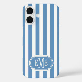 Blaue und weiße monogrammierte Streifen iPhone 16 Hülle