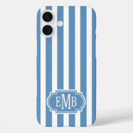 Blaue und weiße monogrammierte Streifen iPhone 16 Plus Hülle