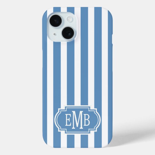 Blaue und weiße monogrammierte Streifen Case-Mate iPhone Hülle (Rückseite)