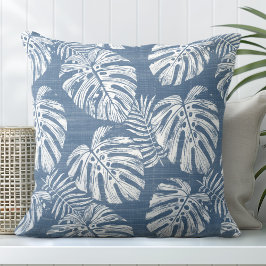 Blaue und weiße Monstera Palm Blätter Kissen