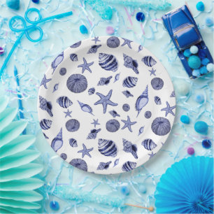 Blaue und weiße Muscheln Pappteller