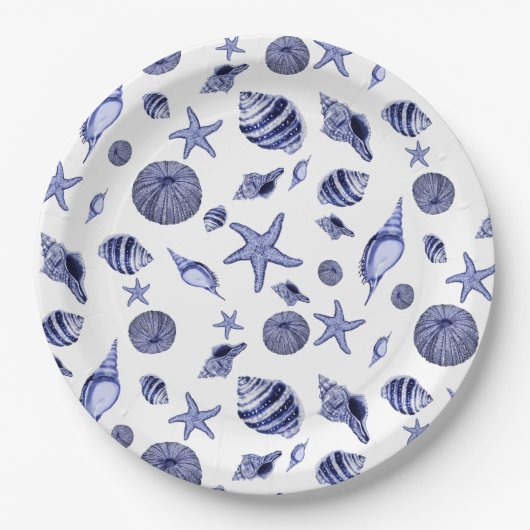 Blaue und weiße Muscheln Pappteller (Vorderseite)