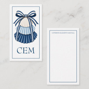 Blaue und weiße Muscheln und Bänder Monogramm Mitteilungskarte