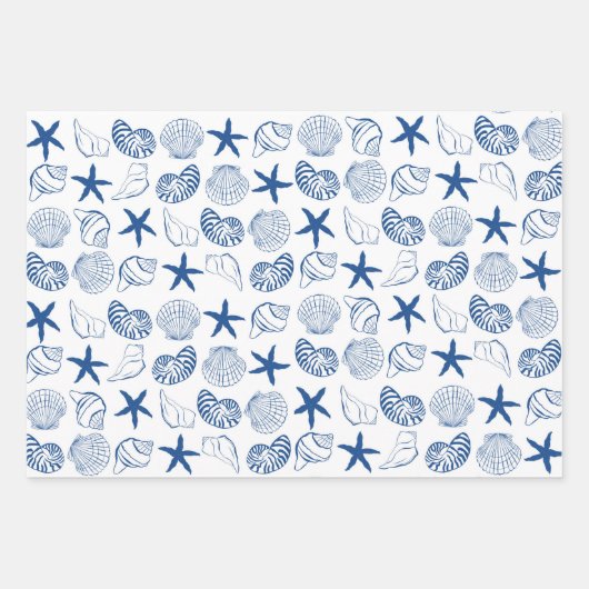 Blaue und weiße Muscheln und Streifen Geschenkpapier Set (Vorderseite 2)