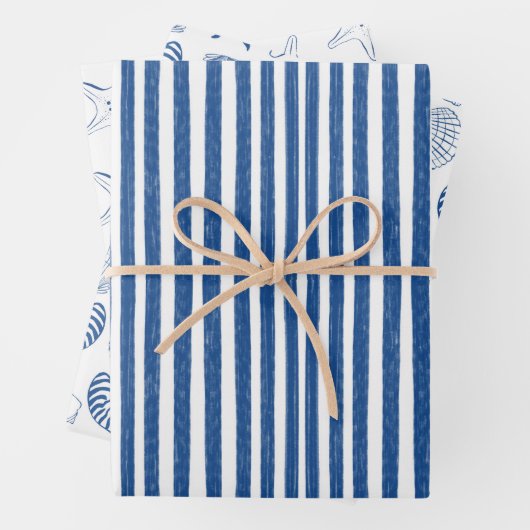 Blaue und weiße Muscheln und Streifen Geschenkpapier Set (Beispiel)