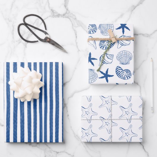 Blaue und weiße Muscheln und Streifen Geschenkpapier Set (Vorderseite)