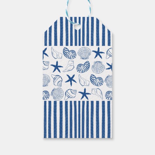 Blaue und weiße Nautikstreifen und Muscheln Geschenkanhänger (Rückseite)