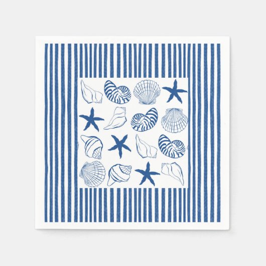 Blaue und weiße Nautikstreifen und Muscheln Serviette (Vorderseite)