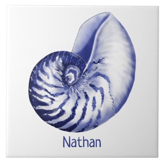 Blaue und weiße Nautilus mit Namen Keramik Fliesen (Vorderseite)