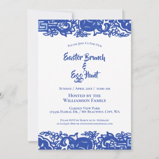 Blaue und weiße Ostern Bunny Brunch Egg Hunt Einladung (Rückseite)