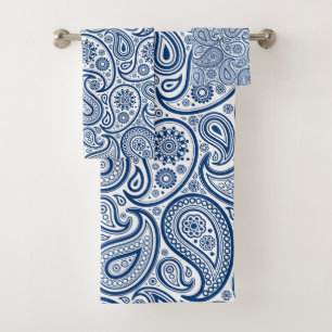 Blaue und weiße Paisley Muster Badhandtuch Set