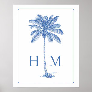 Blaue und Weiße Palm-Palmetto-Baum-Monogramm Poster