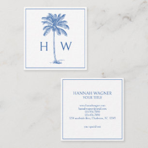 Blaue und weiße Palm-Palmetto-Baum-Monogramm Quadratische Visitenkarte