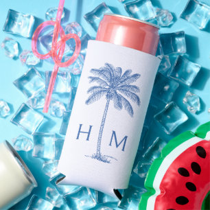 Blaue und weiße Palm-Palmetto-Baum-Monogramm Selters Dosenkühler