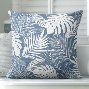 Blaue und weiße Palmblätterpilze Kissen