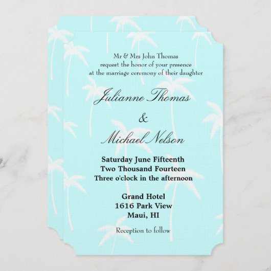 Blaue und weiße Palmen Hochzeiten Einladung (Vorne/Hinten)
