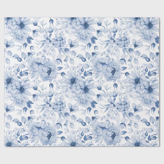 Blaue und weiße Peonys und Blüten Wasserfarbe Geschenkpapier (Flach)