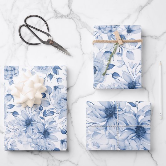 Blaue und weiße Peonys und Blüten Wasserfarbe Geschenkpapier Set (Vorderseite)