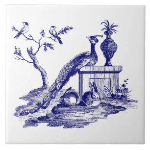 Blaue und weiße Pfaue und Kaninchen Fliese