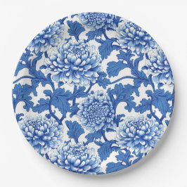 Blaue und weiße Pfingstrose Chinoiserie Blumenmust Pappteller