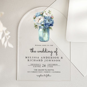 Blaue und Weiße Pfingstrose-Mason-Glas-Hochzeit Acryleinladungen