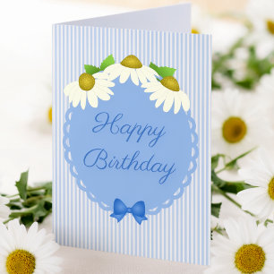 Blaue und weiße Pin-Streifen mit Blumen Geburtstag Karte