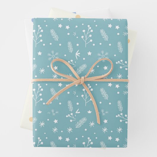 Blaue und weiße Polka-Punkte, blaue Schneeflocken, Geschenkpapier Set (Beispiel)