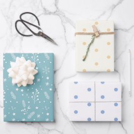 Blaue und weiße Polka-Punkte, blaue Schneeflocken, Geschenkpapier Set