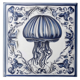 Blaue und weiße Quallen Ozean Meerestiere Fliese