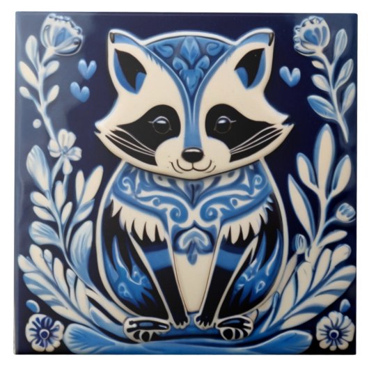 Blaue und weiße Raccoon Folklore Fliese (Vorderseite)
