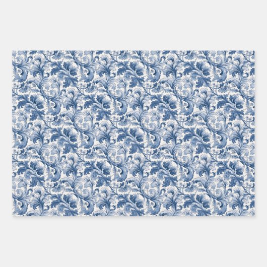 Blaue und weiße Renaissance Acanthus Damask Geschenkpapier Set (Vorderseite 3)