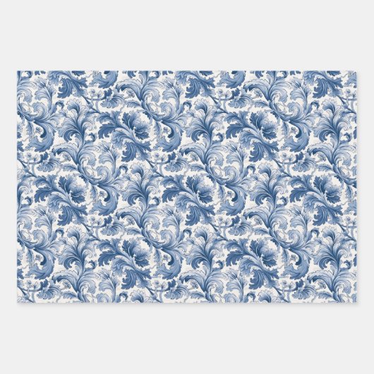Blaue und weiße Renaissance Acanthus Damask Geschenkpapier Set (Vorderseite 2)