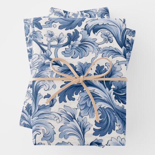 Blaue und weiße Renaissance Acanthus Damask Geschenkpapier Set (Beispiel)
