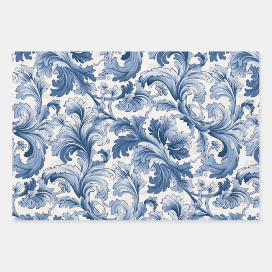 Blaue und weiße Renaissance Acanthus Damask Geschenkpapier Set (Vorderseite)