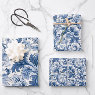 Blaue und weiße Renaissance Acanthus Damask Geschenkpapier Set