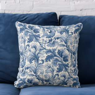 Blaue und weiße Renaissance Acanthus Damask Kissen