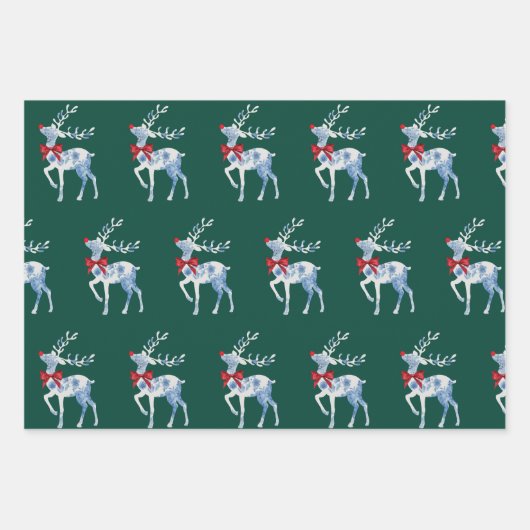 Blaue und weiße Rentierwackelblätter Geschenkpapier Set (Vorderseite 3)