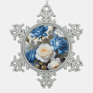 Blaue und weiße Rosen Blumenprint Schneeflocken Zinn-Ornament