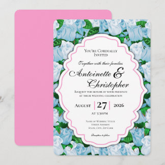 Blaue und weiße Rosenhochzeits-Einladung mit rosa Einladung