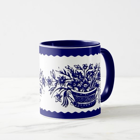 Blaue und weiße rustikale Blume Korb und Tasse an  (VorderseiteRechts)